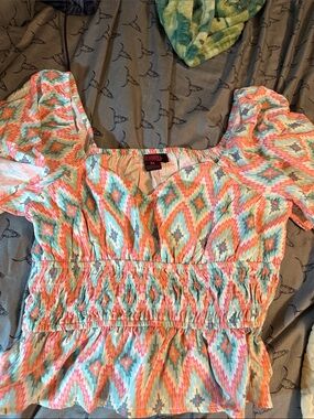 Rock & Roll Cowgirl Multicolor Aztec Print Peasant Blouse